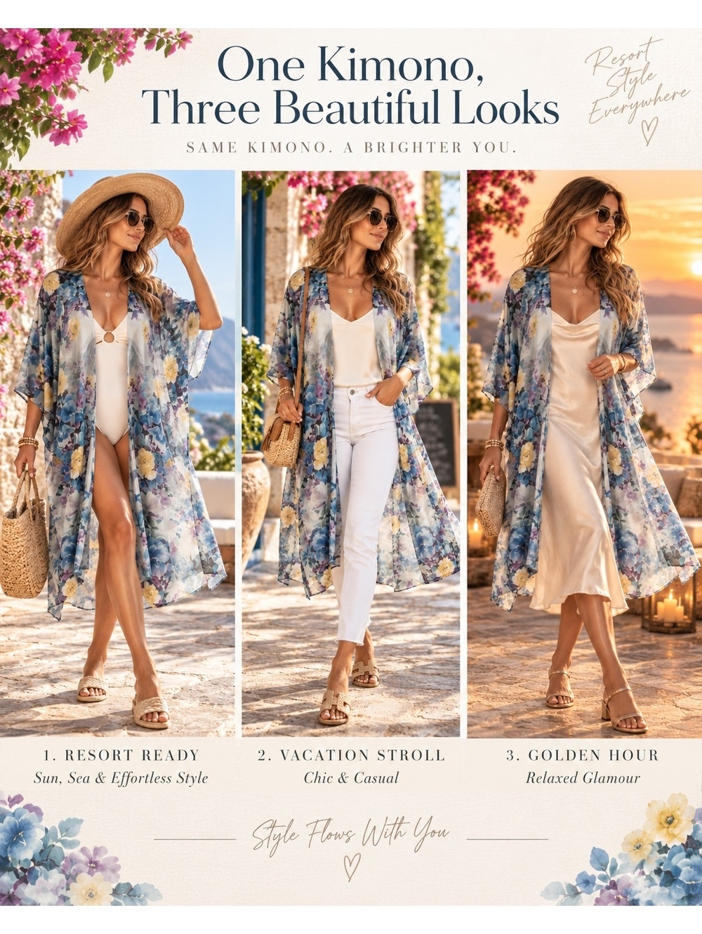 Lavena Floral Kimono Duster Coverup Watercolor Print Boho Resort Size Medium NWT